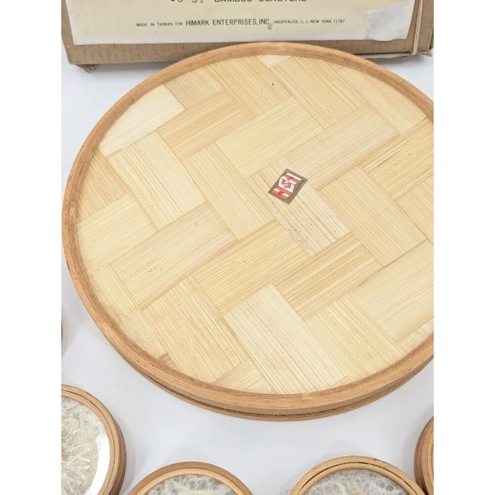 Himark Bamboo Tray Coaster Set Acrylic Pressed Butterfly Flowers 7 Pc Vintage